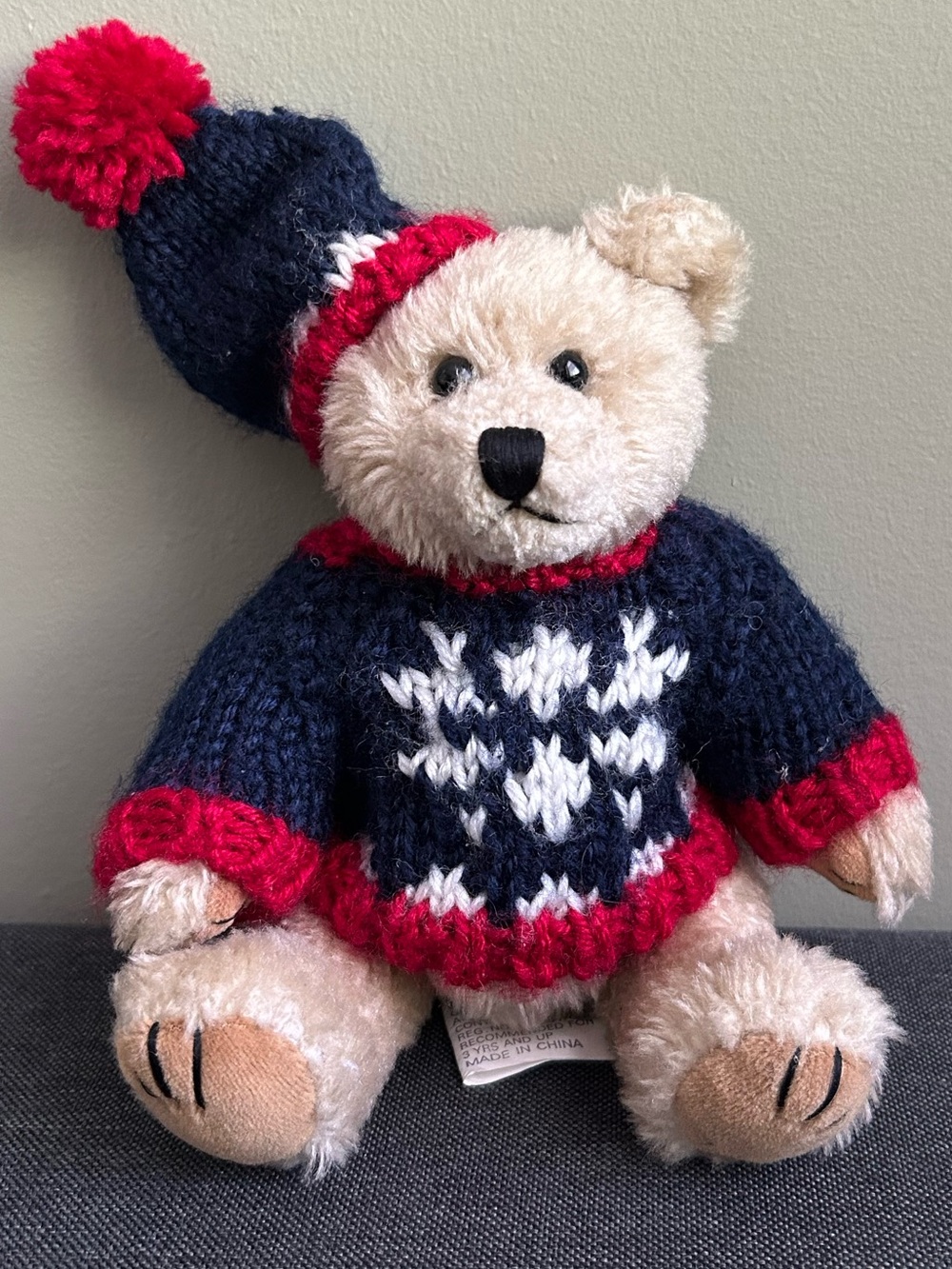 1988 Chrisha Playful Plush Winter Teddy Bear in Navy & Red Knit Sweater and Hat